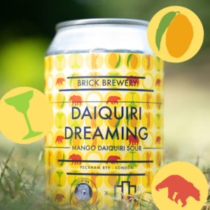 Image of colourful can of mango daiquiri beer with design components on top